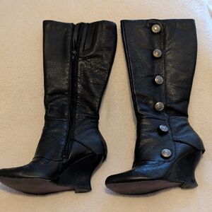 Kensie Black Mid-Calf Wedge Boots with Decorative Buttons